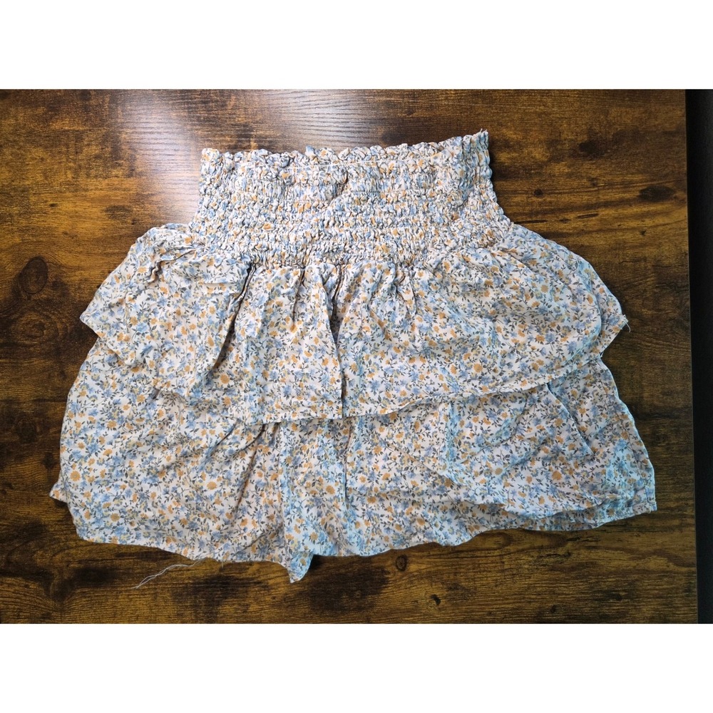 Wallflower Blue Yellow Floral Smocked Tiered Ruffle Mini Skirt Small